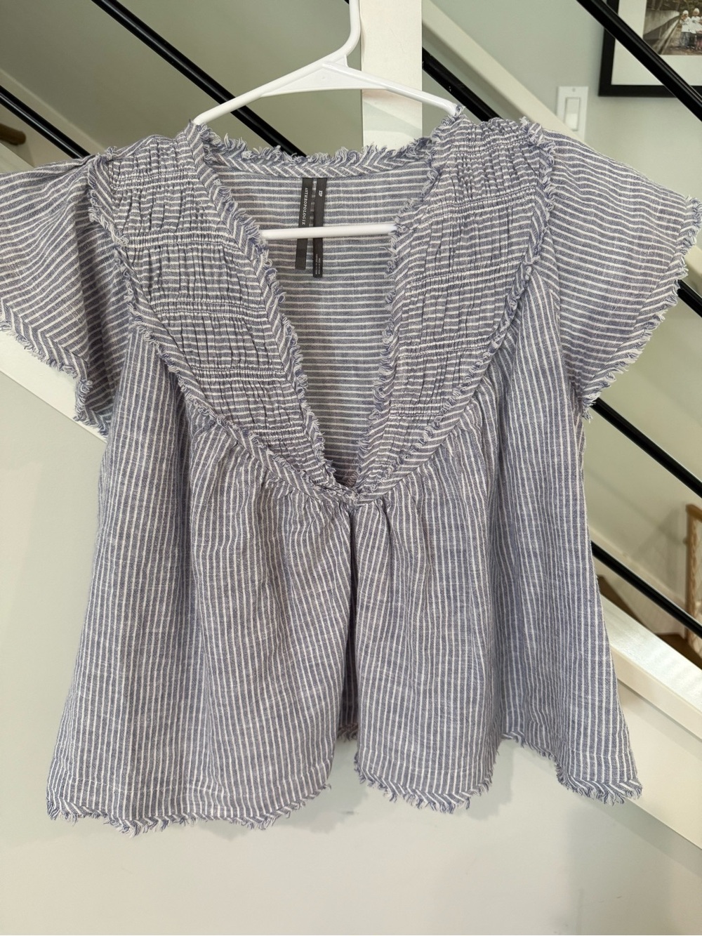 Anthropologie Blue-White Pinstripe Frayed V-Neck Flutter Top - Picture 4 of 6